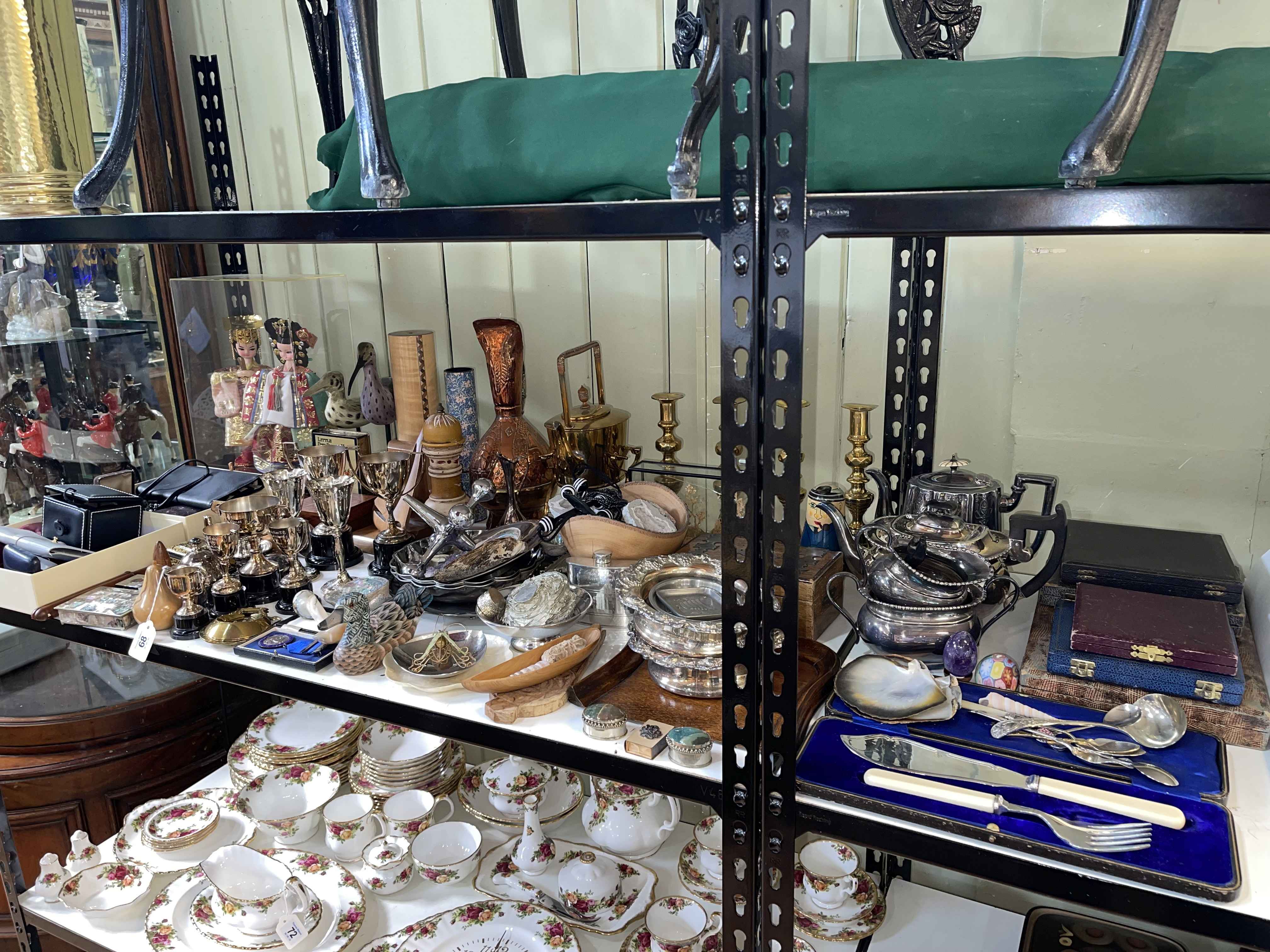 Collection of metalwares including brass stick stand, candle holders, kettles, cased cutlery, etc,