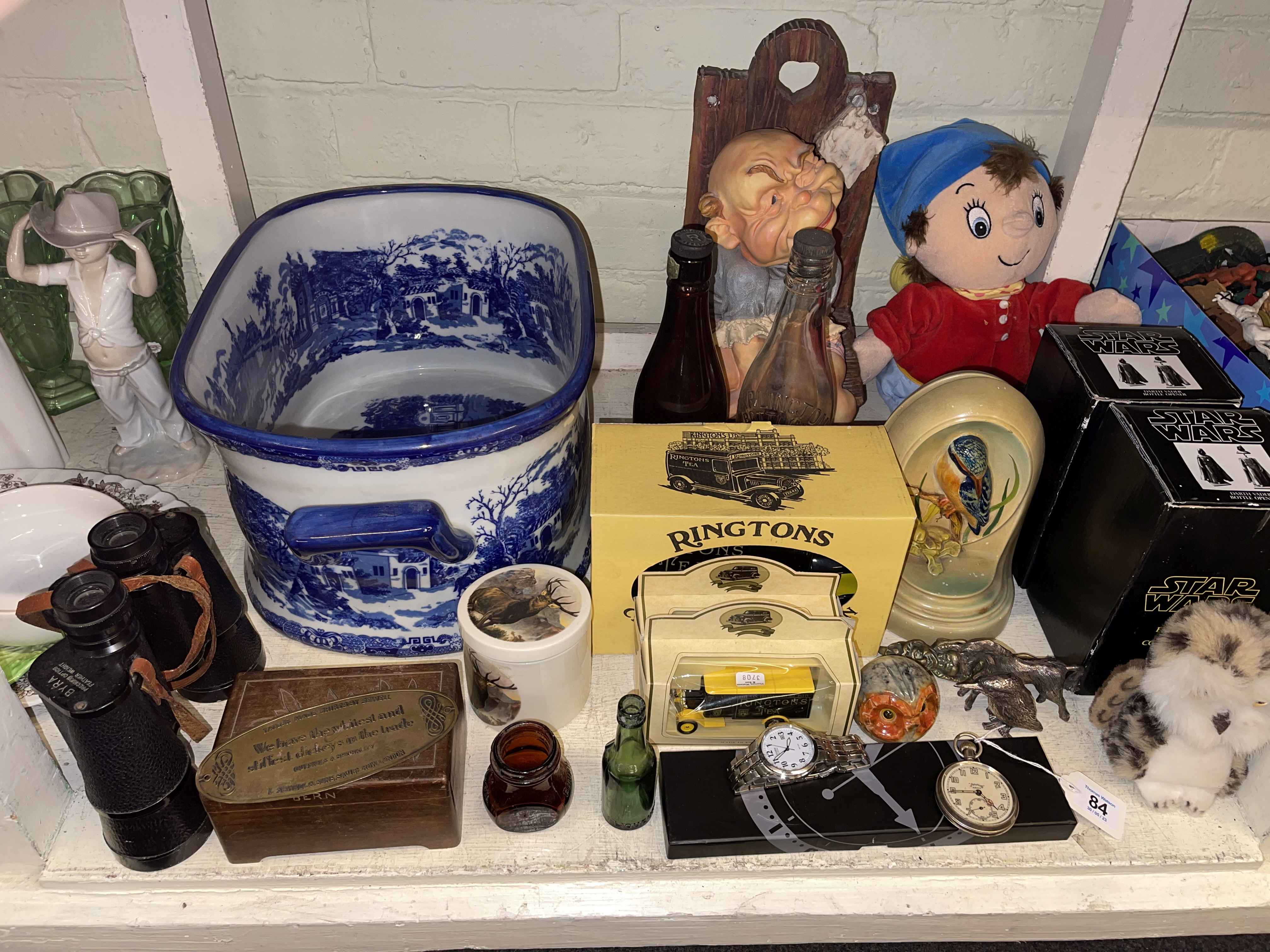 Blue and white foot bath, toys, teddy bears, coal scuttle, carved bust, coins, - Image 3 of 4