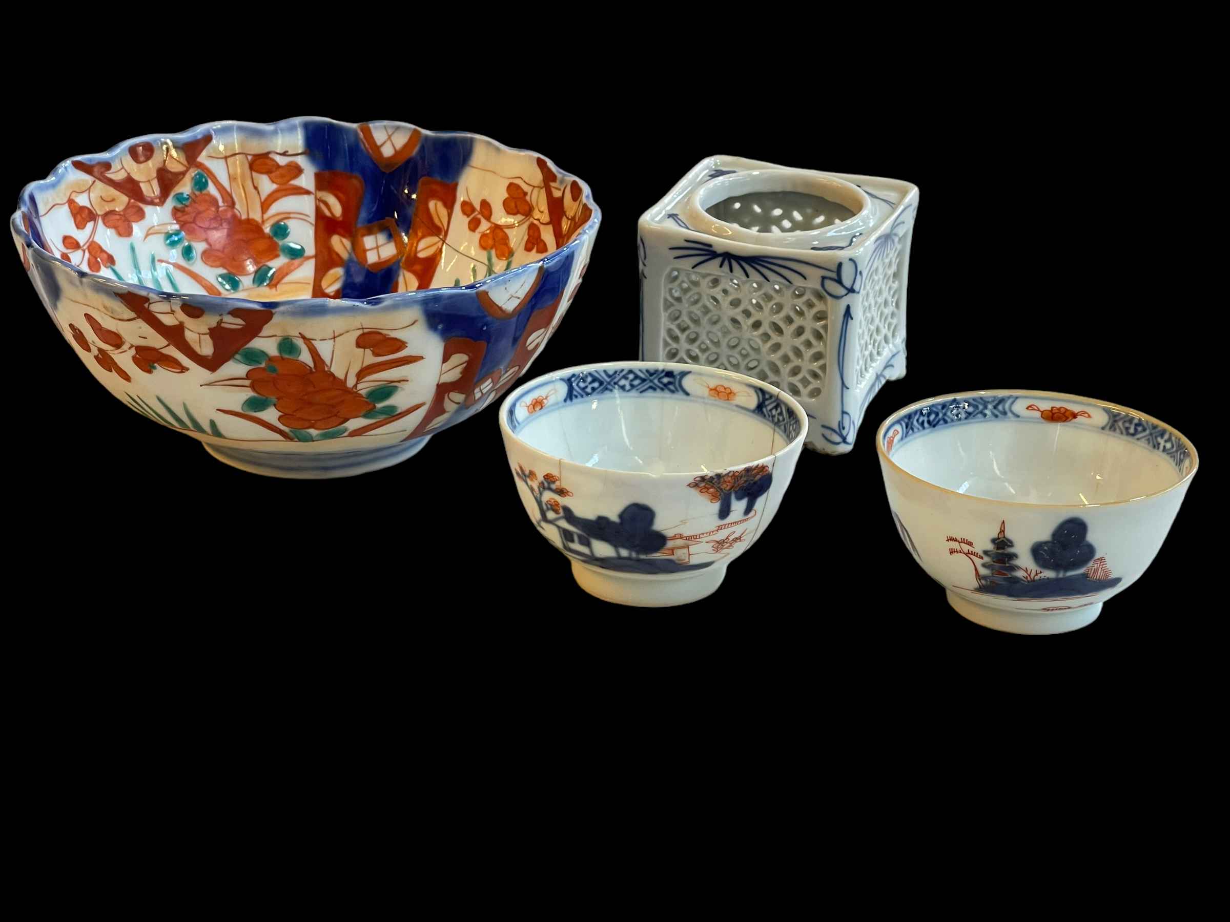 Pair of Chinese 18th Century tea bowls, Imari bowl and pierced porcelain pot. - Image 2 of 2