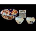 Pair of Chinese 18th Century tea bowls, Imari bowl and pierced porcelain pot.