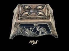 Mappin & Webb Art Nouveau silver box with embossed Egyptian scenes.