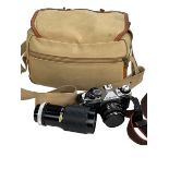 Carry case including Canon AE-1 camera, Miranda lenses, etc.