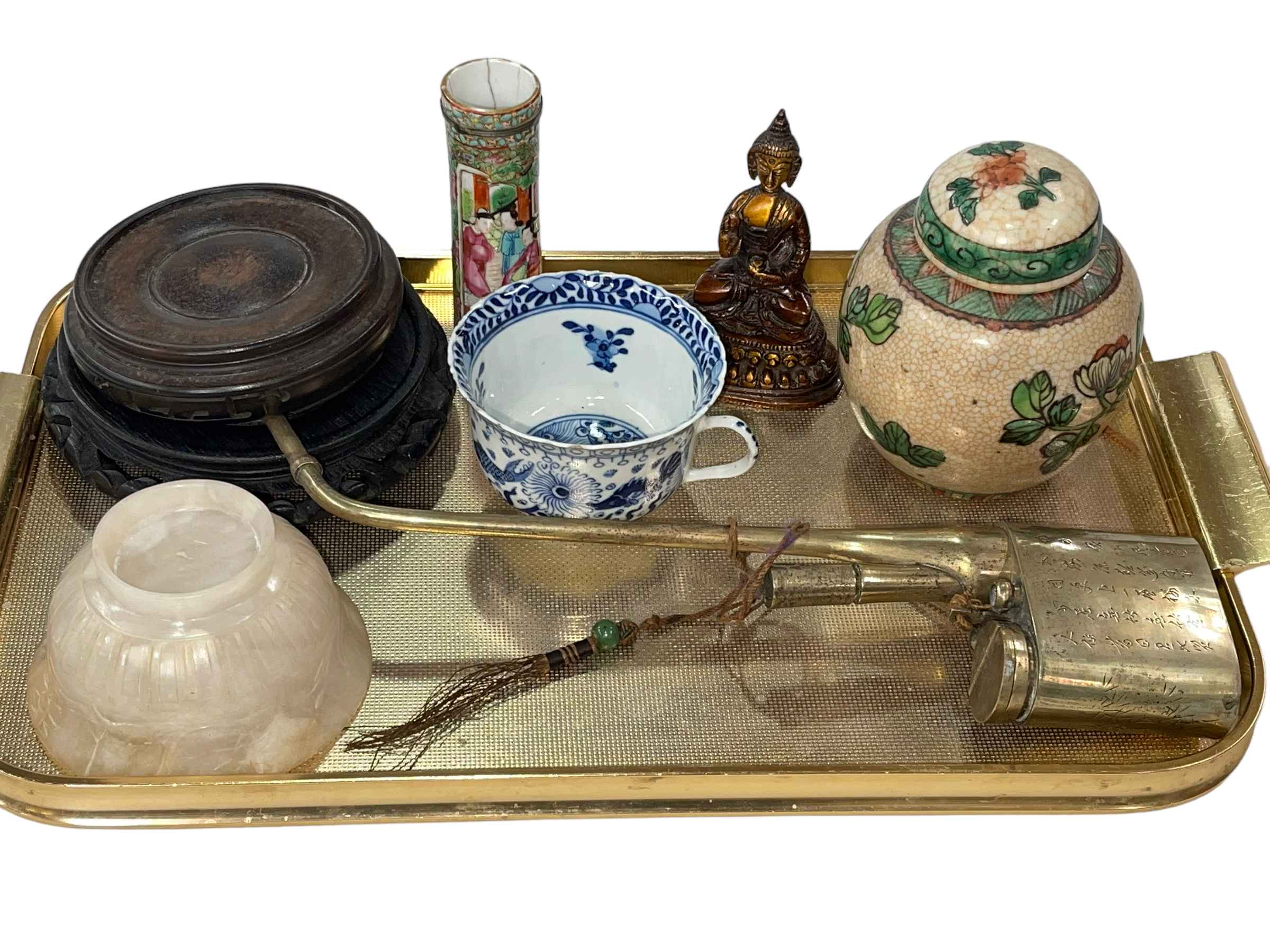 Chinese opium pipe, ginger jar, cylindrical vase, Buddha, decorative bowl, blue and white bowl,