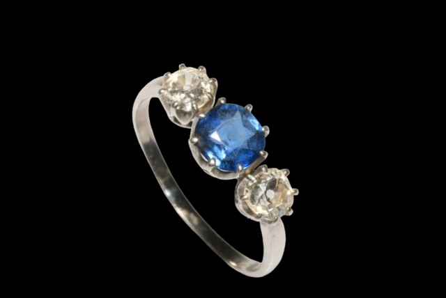Platinum shank and 18 carat white gold setting sapphire and diamond three stone ring, - Image 2 of 2