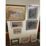 Eleven various paintings and prints including landscape and seascape watercolours,