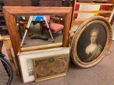 Antique oval portrait oleograph, framed mirror and five pictures (7).