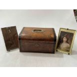 19th Century walnut jewellery box and contents and two antique glass frames.