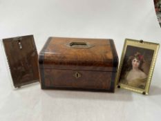 19th Century walnut jewellery box and contents and two antique glass frames.