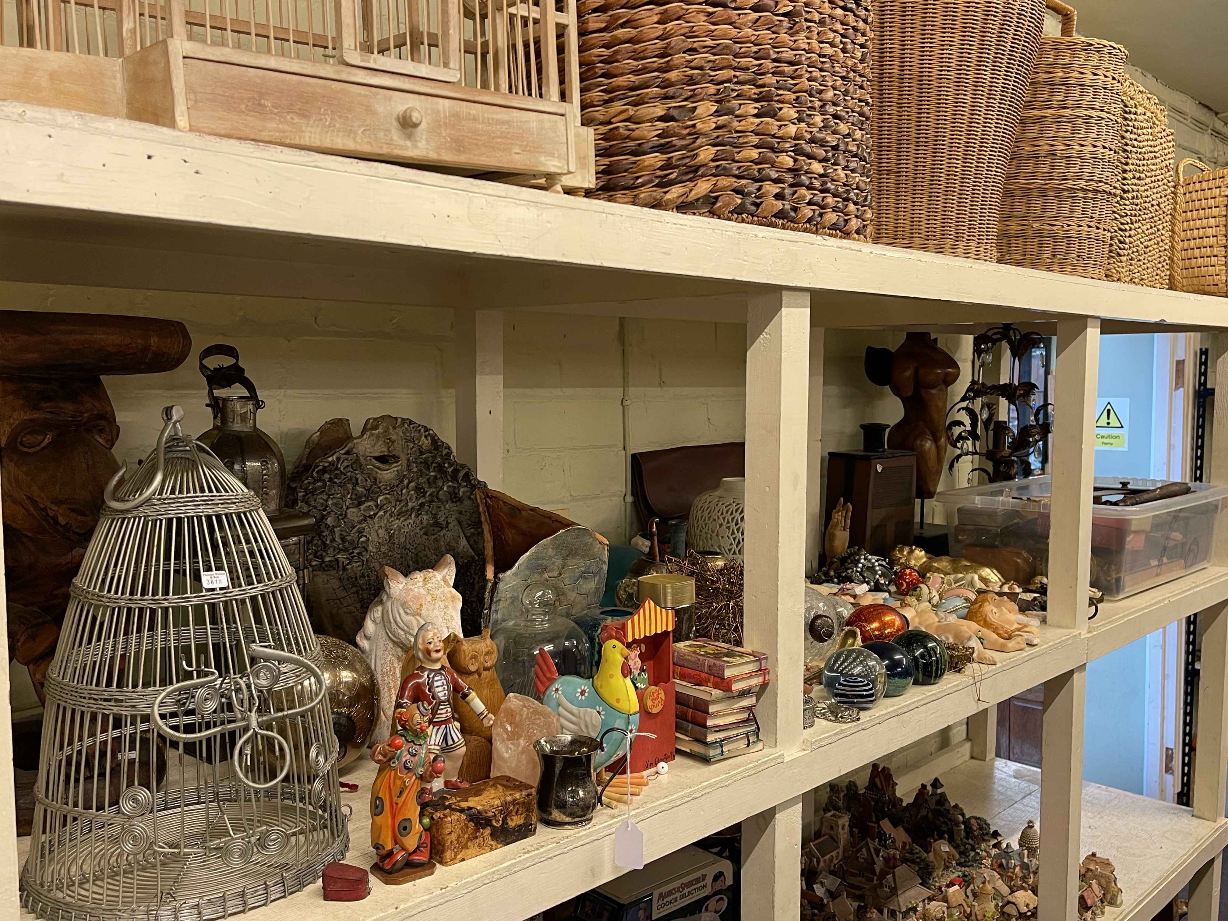 Collection of wicker baskets, wooden sculptures, cages, ornate pottery vases, hanging lantern, - Image 2 of 4