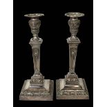 Pair large silver plated on copper column candlesticks on loaded square bases, 37cm.