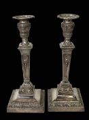 Pair large silver plated on copper column candlesticks on loaded square bases, 37cm.