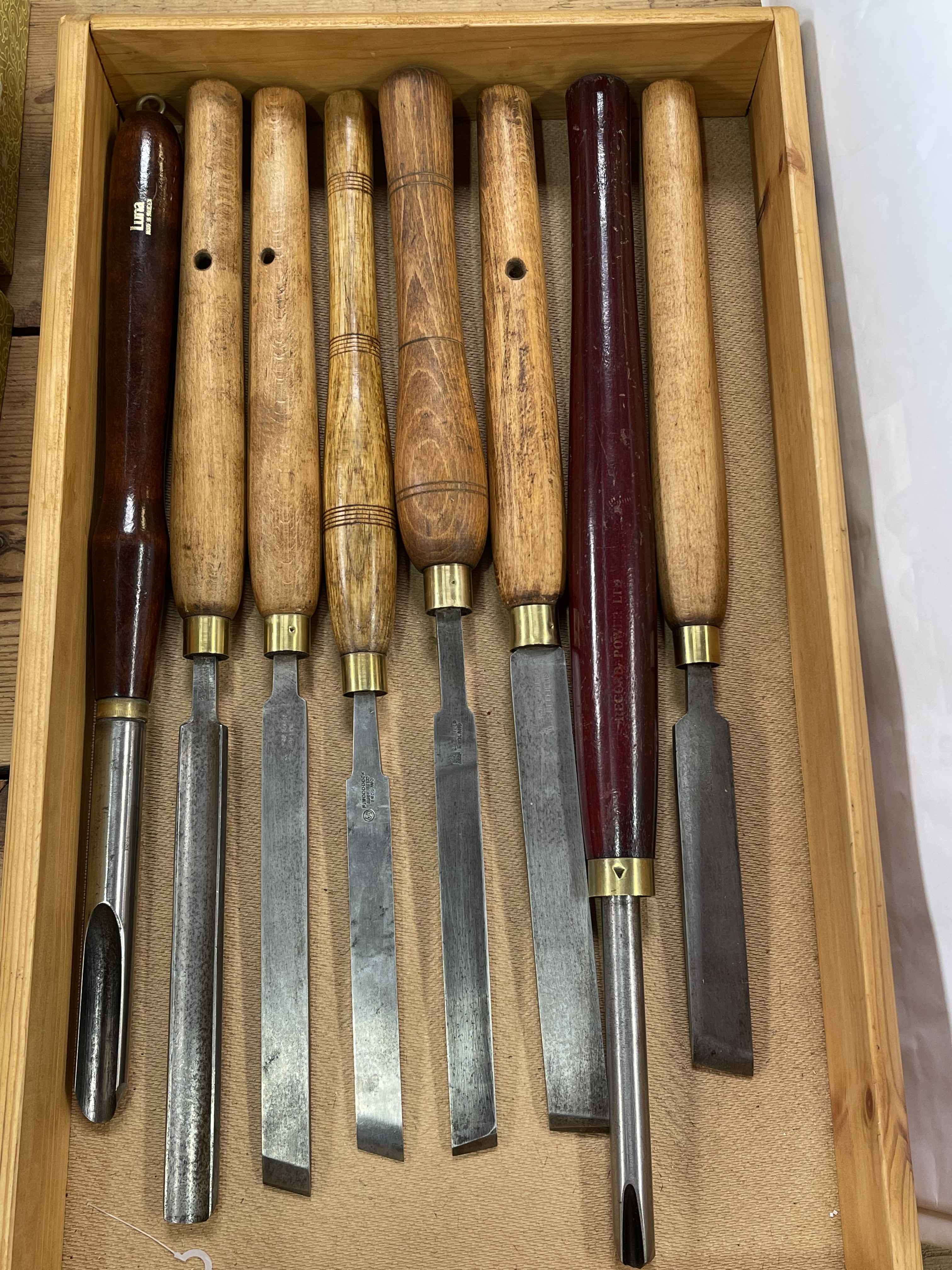 Box of vintage wood turning chisels including Sorby, Luna, etc.