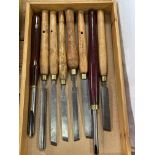 Box of vintage wood turning chisels including Sorby, Luna, etc.