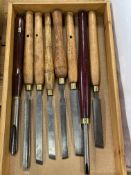 Box of vintage wood turning chisels including Sorby, Luna, etc.