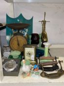 John Beswick figurines, carriage clock, metal toilet roll holders, scales, cake stand, etc.