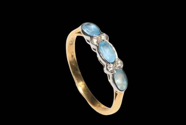 Three stone aquamarine and four stone diamond ring in yellow gold (marks worn), - Image 2 of 3