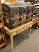 Vintage dome top travelling trunk and pine single drawer side table (2).