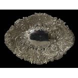 Charles Stuart Harris silver dish with embossed and chased scrolling foliage, London 1891,