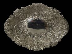 Charles Stuart Harris silver dish with embossed and chased scrolling foliage, London 1891,