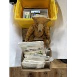 Vintage long armed teddy bear, postcards, PHQ cards, FDCs, etc.