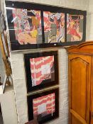 P Cope, three framed sets of contemporary artwork, largest 62cm by 140cm.