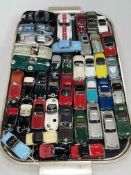 Tray of model vehicles and six Scalextric cars.