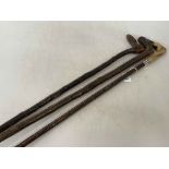 London 1917 silver mounted deers foot handled walking stick and two rustic walking sticks,