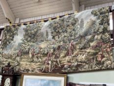 Tapestry wall hanging depicting landed gentry with horses and dogs, 130cm by 290cm,