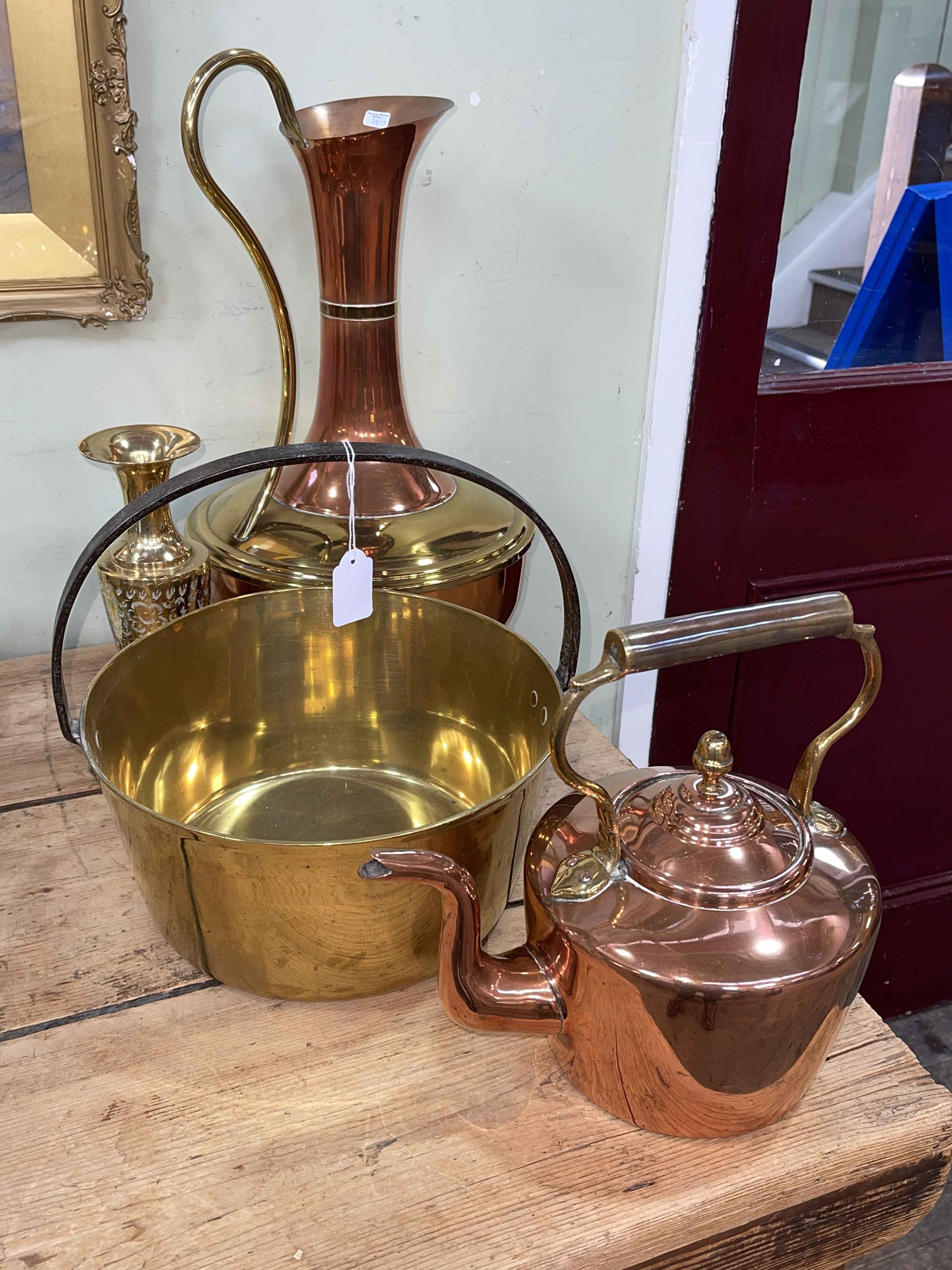 Brass and copper handled jug and teapot, brass jam pan, etc.