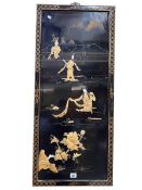 Two Oriental black lacquered panels with applied figure decoration, largest 92cm by 40.5cm.