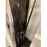 Good collection of fishing equipment including rods (Carp, Pike), reels, nets, seating box,