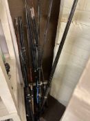 Good collection of fishing equipment including rods (Carp, Pike), reels, nets, seating box,