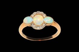 18 carat yellow gold opal and diamond petal design ring, size Q.