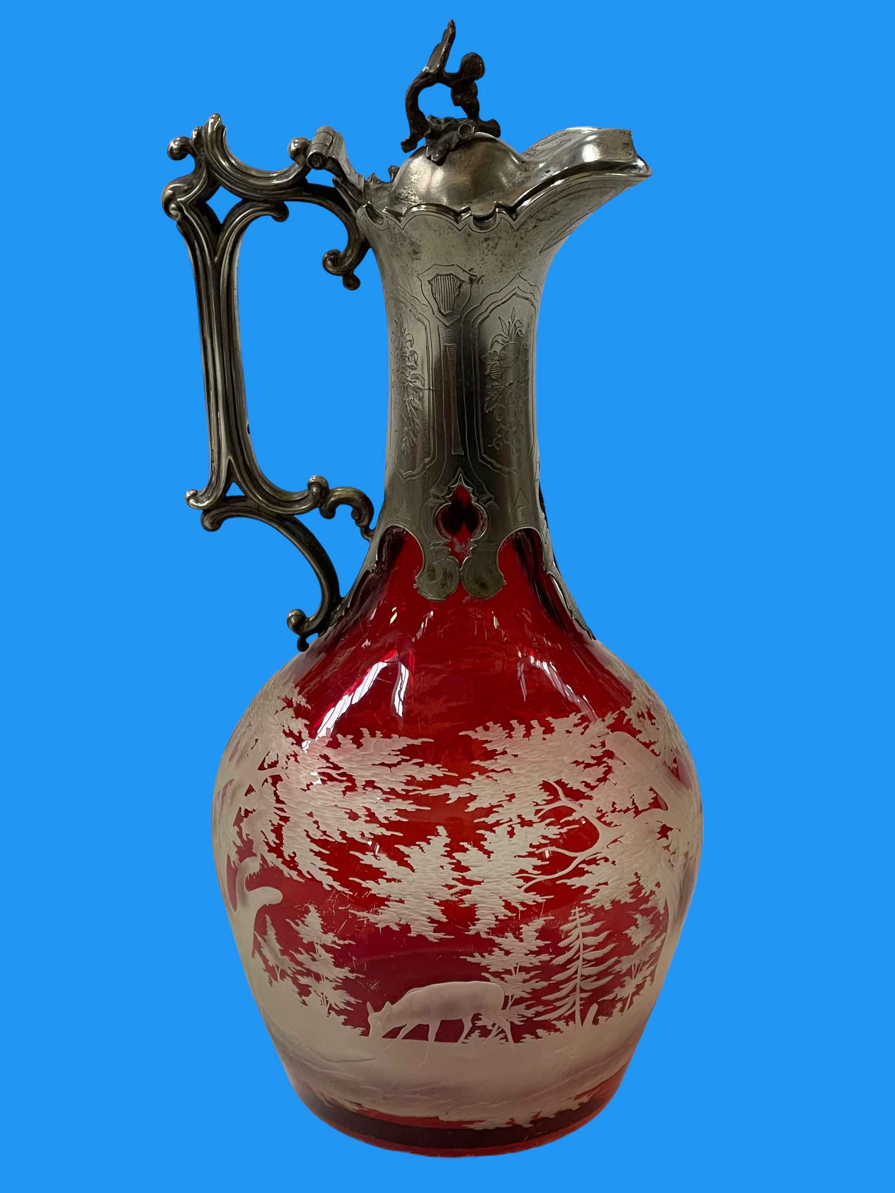 Bohemian ruby overlay glass claret jug with silver plated mount, 28cm high. - Image 2 of 2