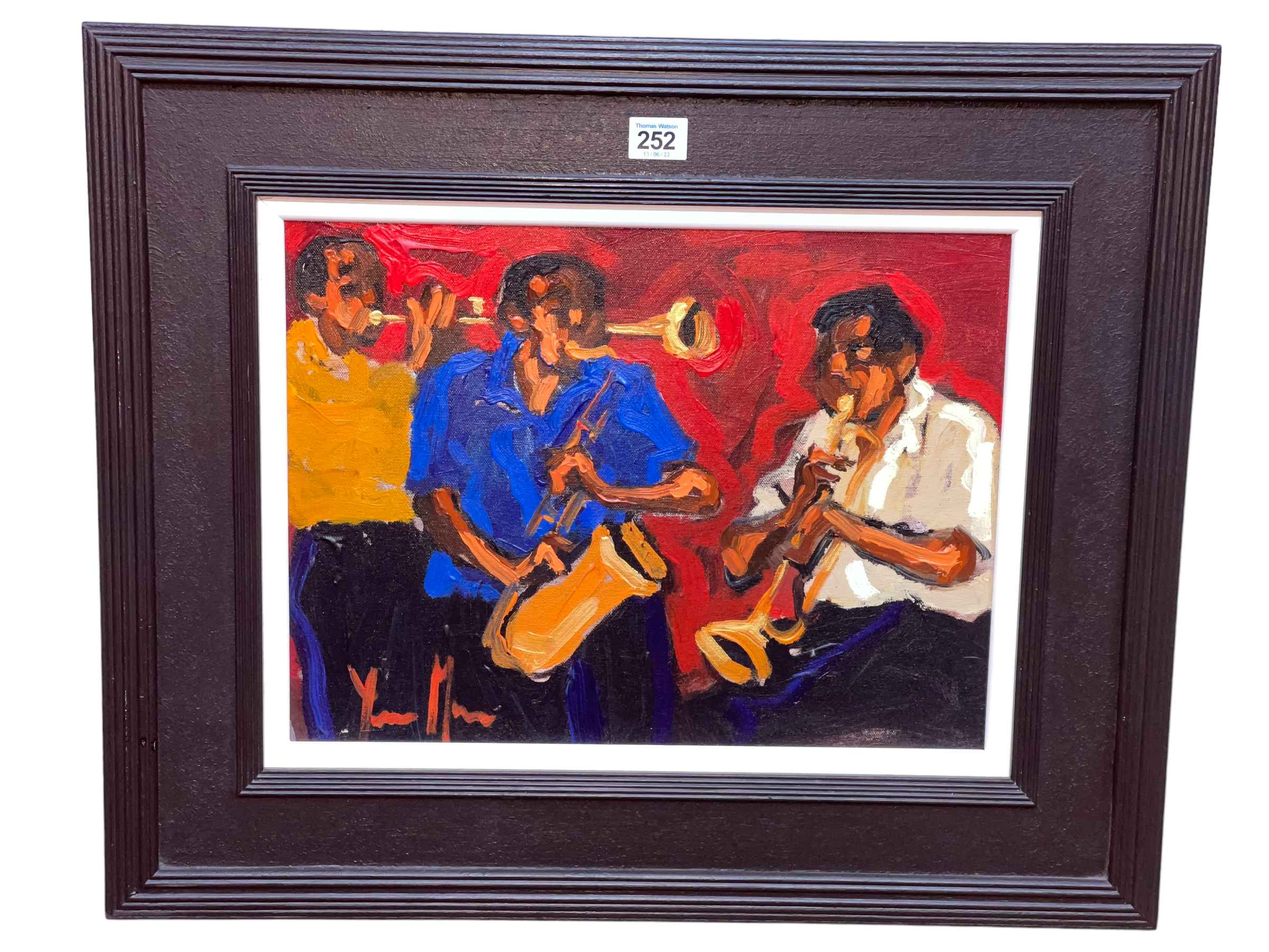 Yvonne Mora, Jazz Trio, oil on canvas, signed lower left, 29cm by 39cm. framed.