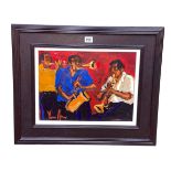 Yvonne Mora, Jazz Trio, oil on canvas, signed lower left, 29cm by 39cm. framed.