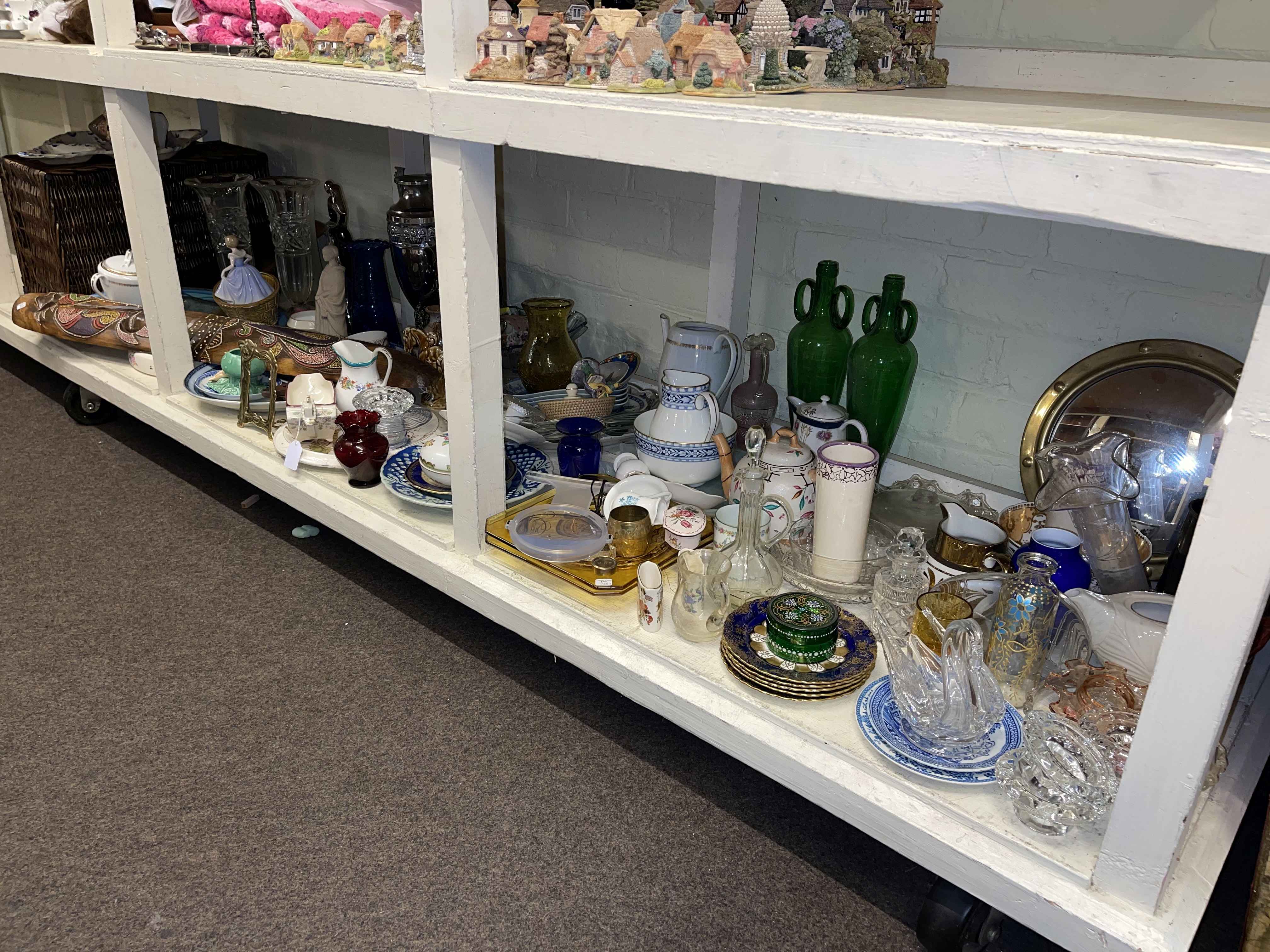 Decorative porcelain, part teawares, glass, figurines, wicker basket, etc.