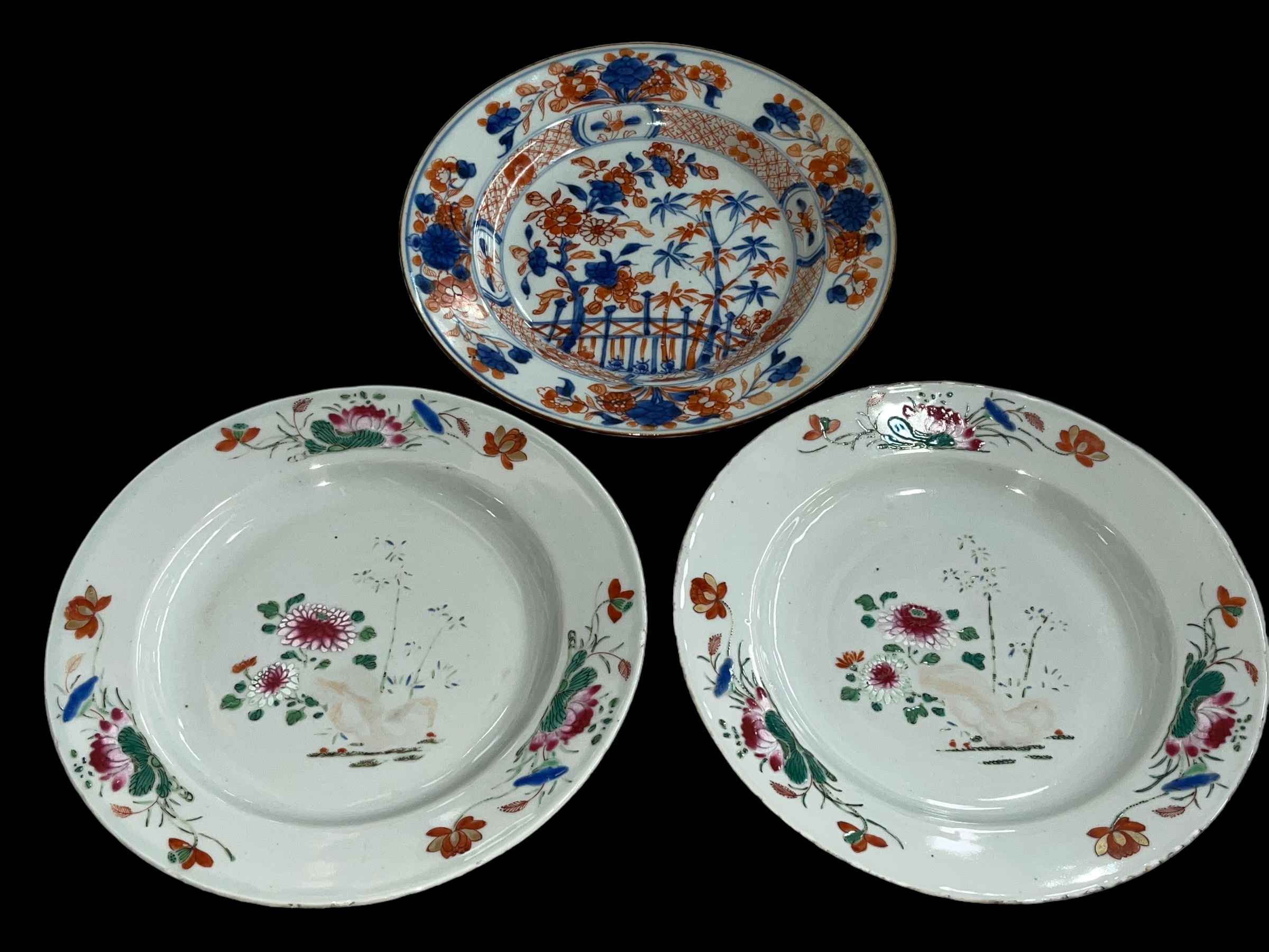18th Century Imari plate and pair of 18th Century Chinese plates.