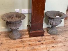 Pair cast pedestal garden planters, 44cm by 42cm diameter.