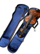 Violin with internal label for Joseph Guarnerius, cased with bow.