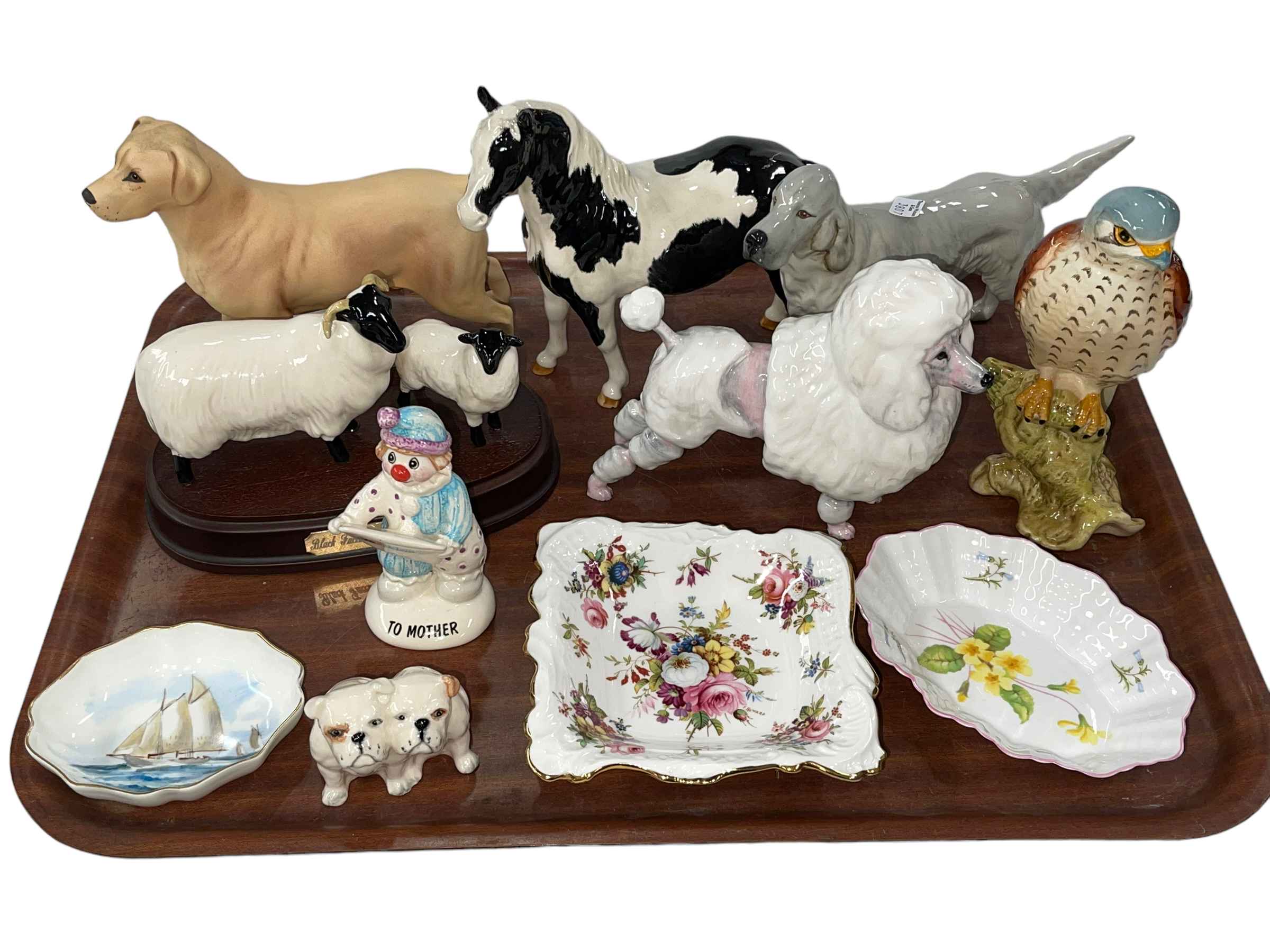 Beswick Piebald Horse, Royal Doulton Poodle, Hammersley Spode pin dish,