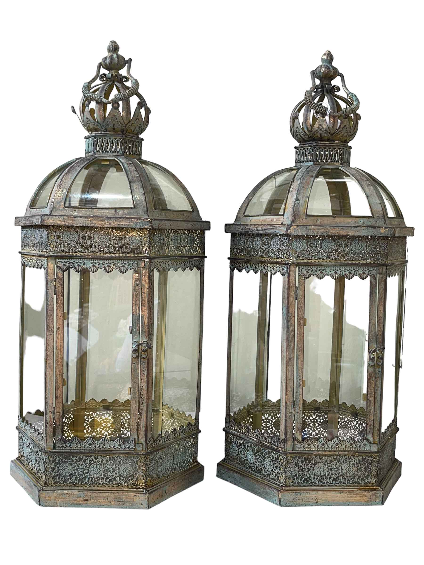 Pair of hexagonal glazed hall hanging lanterns.
