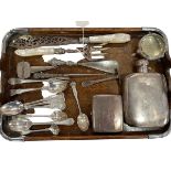 Silver hip flask, cigarette case, salt, assorted spoons, servers, etc.