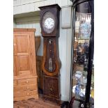 Antique French pokerwork cased eight day longcase clock having enamelled and gilt metal dial, 236cm.