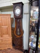Antique French pokerwork cased eight day longcase clock having enamelled and gilt metal dial, 236cm.