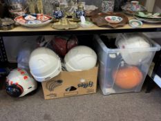 Two boxes of hard hats, goggles, ear defenders, etc.