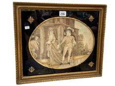 Georgian oval needlework depicting figures outside a building, in gilt glazed frame,