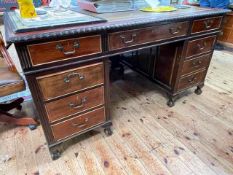 Mahogany eight drawer pedestal desk on ball and claw legs, 78cm by 152cm by 91cm,