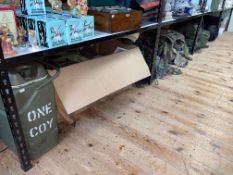 Collection of camouflage clothing, sleeping bags, army equipment, boots, fuel can, etc.