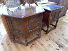 Old Charm canted corner hall cabinet and carved oak two door pedestal cabinet (2).